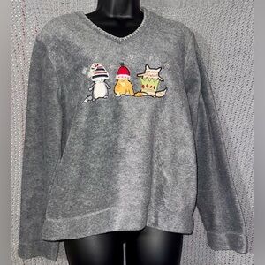 White Stag Gray Fleece V Neck Long Sleeve Embroidered Cat Christmas Sweater M